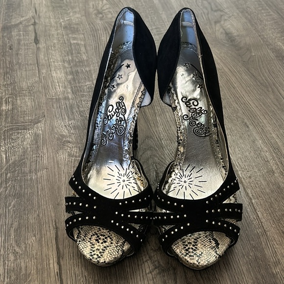 Naughty Monkey High Heels Black Studded 5” heel cutout open toe snake print toe - Picture 3 of 8